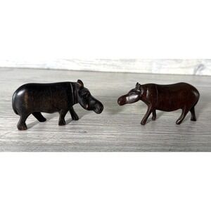 2 Hand Carved Hardwood African Hippopotamus House Hippo Animal Sculpture Pair